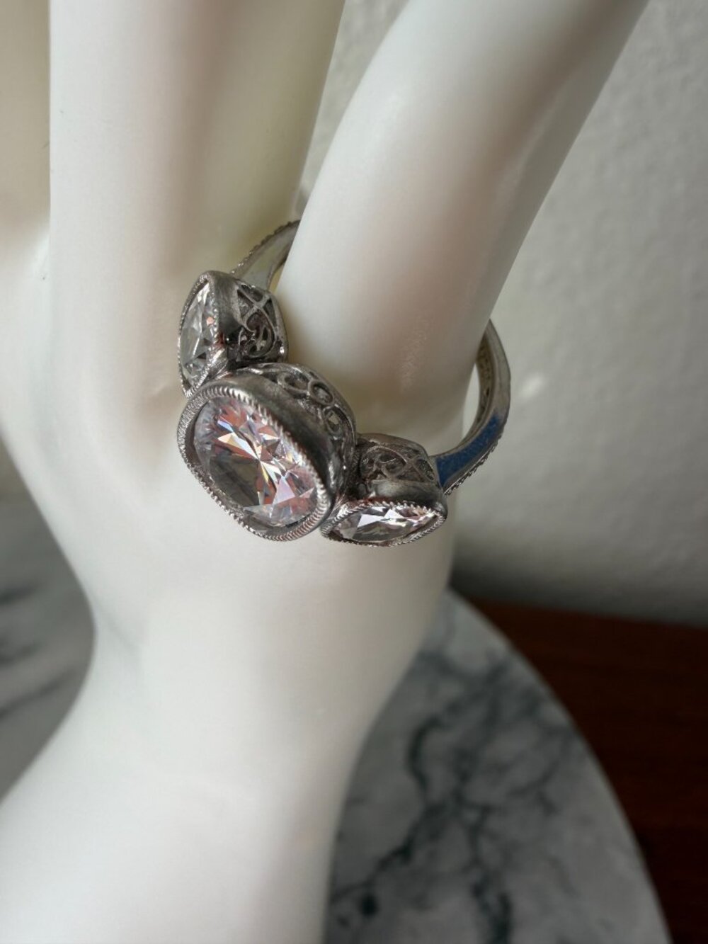 Vintage Jean Dousset Heirloom 925 CZ 3-Stone Mill-grain Cushion Cut Ring - Picture 13 of 17